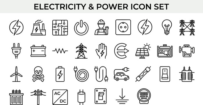 Electricity and Power Line Icon Set &ndash; Energy, Electrical Equipment and Industrial Vector
