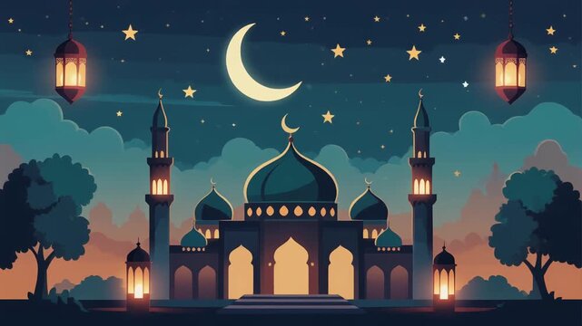 mosque at night,Peaceful Ramadan Mosque Night with Starry Sky Vector Animation
