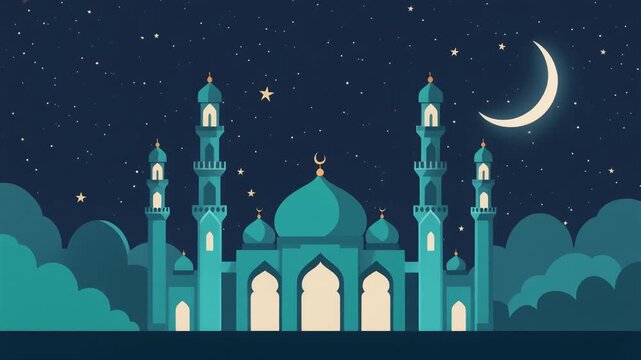 mosque in night,Peaceful Ramadan Mosque Night with Starry Sky Vector Animation
