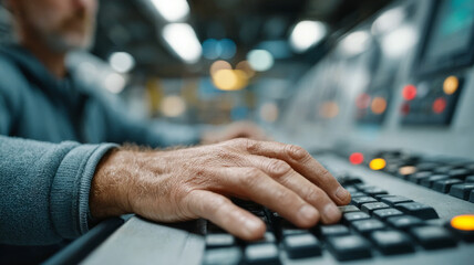 Senior technician operating industrial control panel in factory