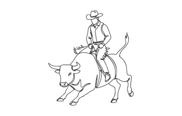 Fototapeta premium Continuous Single Line Art of Cowboy Riding Bucking Bull: Minimalist Rodeo Vector Illustration for Modern Design