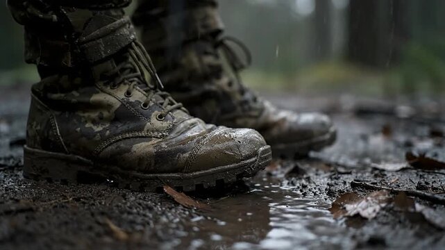 Close up of military boots in muddy terrain