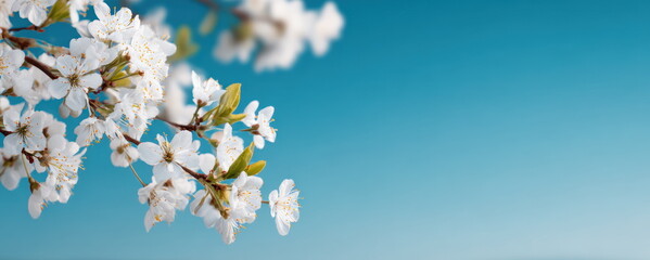 Blooming White Plum Blossoms on Branch with Bright Blue Sky and Soft Green Landscape First Day of Spring Seasonal Renewal Concept Early Spring Floral Signal
