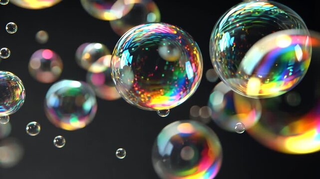 Spherical objects with iridescent sheen floating in dark space, captured in close-up illustration