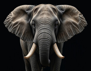 Fototapeta premium A close-up portrait of an elephant looking at the camera against a black background.