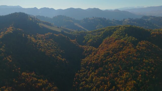 Cinematic Backlit Aerial Flight Over Misty Autumn Layers at Sunset in Transylvania
