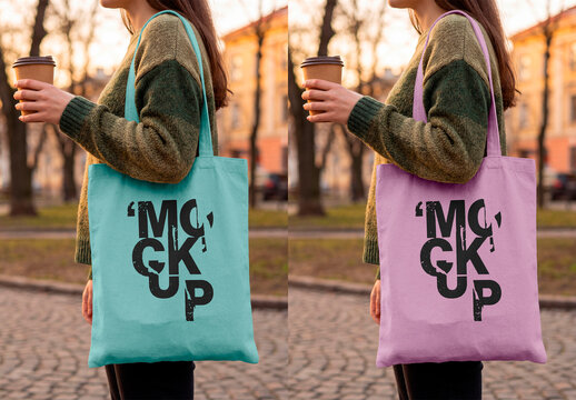 Tote bag carried while holding drink