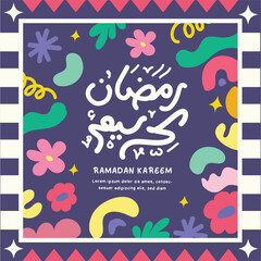 Naklejka premium Ramadan Kareem Festive Flat Illustration Card Design with mosques and playful ornaments. Perfect for greeting cards, posters, invitations, and mobile content.