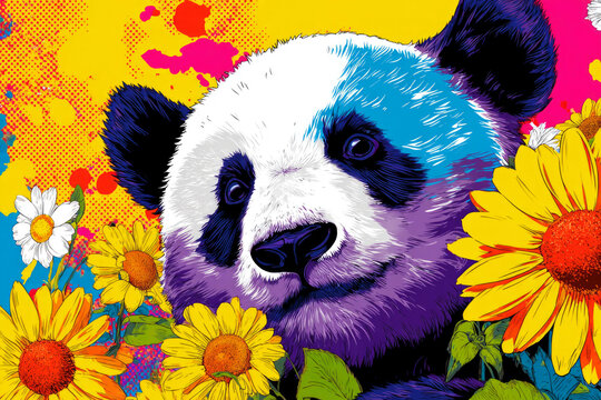 Contemporary art collage of happy panda with sunflower, Illustration animal poster, Pop art style