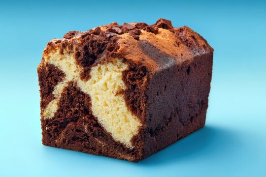 Delicious marble cake slice against blue background showcasing chocolate vanilla swirls
