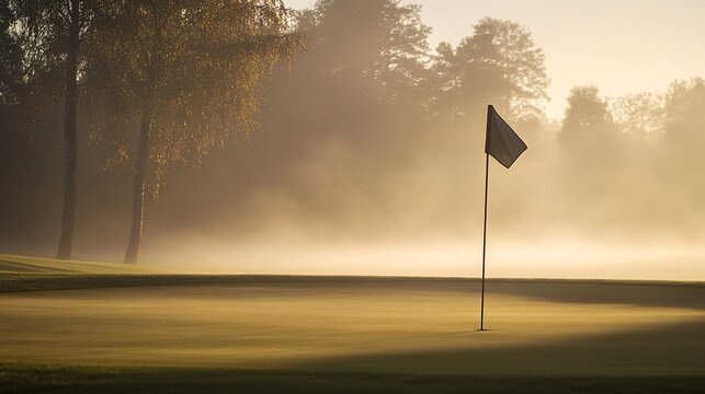 flagstick. Single golf flagstick in morning fog with triangular flag moving on dewy grass. event key visuals, club posters, designed for fitness apps and gym onboarding, used by sports marketers.