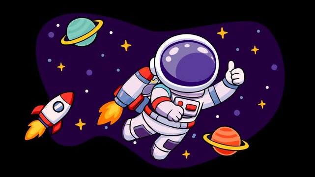 Cute astronaut flying with jetpack among planets and stars in outer space. Concept of space adventure, futuristic travel, science, technology, imagination, exploration, and cosmic journey