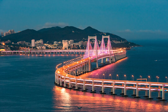 Dalian Bridge Night View - Illuminated Suspension Bridge and City Skyline