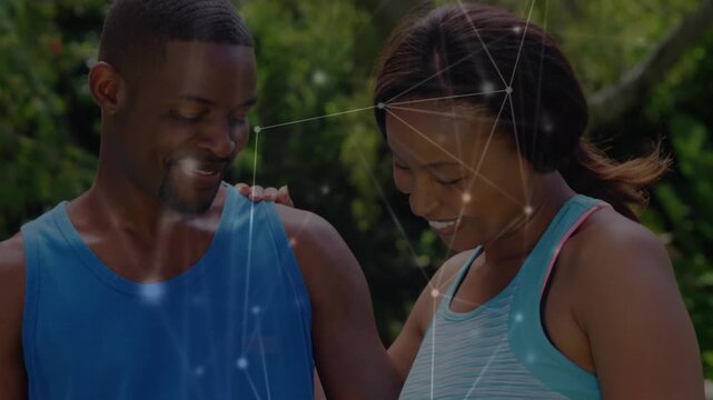 Animation of network of connections over talking african american couple