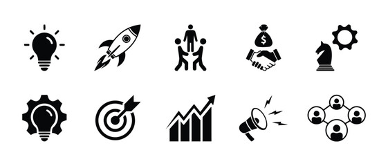 Collection of business and finance icons including light bulb rocket ship teamwork handshake money gear target graph megaphone and network connections symbols © MdRifat