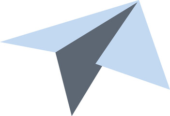A minimalist geometric paper airplane icon in shades of blue and grey on a black background isolated on transparent background
