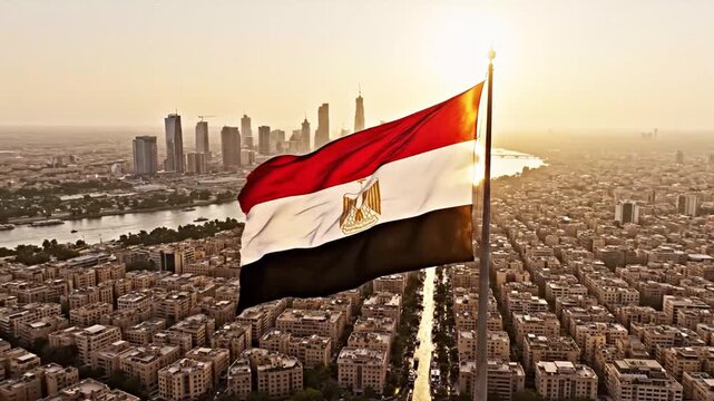 Majestic Egyptian Flag Flutters Over Cairo's Skyline at Sunrise Creating a Powerful National Scene