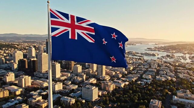 Vibrant aerial footage capturing the New Zealand national flag fluttering against a scenic cityscape at sunset