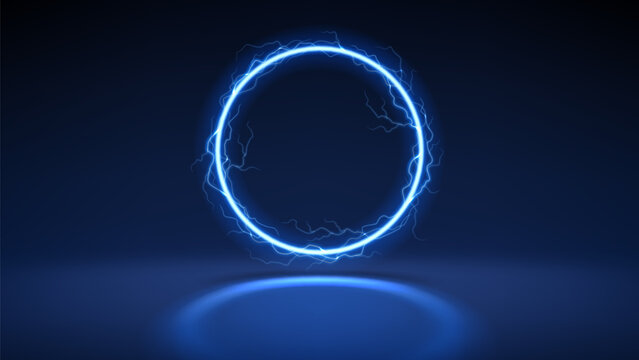 Futuristic lightning circular frame. Vector realistic illustration with neon glowing round shape with thunderbolts isolated on dark background. Digital portal with electric energy discharge effect.