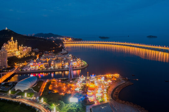 Dalian Xinghai Bay Night View - Aerial Cityscape with Illuminated Bridge