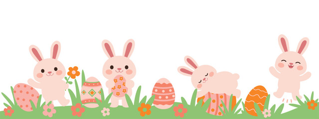 Fototapeta premium Adorable Easter bunny illustration with eggs spring grass Cute Easter rabbits and eggs horizontal flat vector illustration Sweet bunny scene flowers illustration