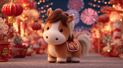 Cute horse character celebrating chinese new year with fireworks