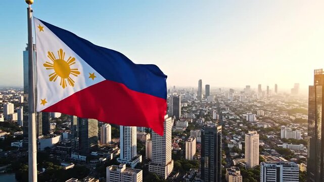 Philippine flag fluttering over modern city skyline during sunrise capturing urban patriotism