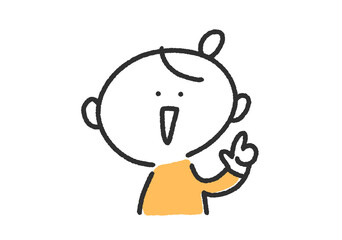上を指差す笑顔の女性キャラクターのかわいい手描きの線画　提案・紹介