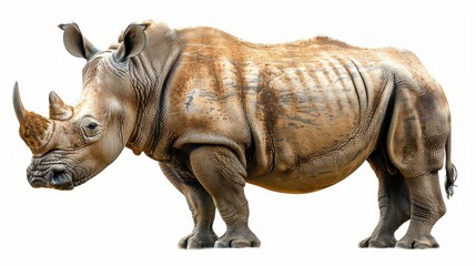 Fototapeta premium Realistic full-body image of a rhinoceros isolated on white, highlighting its powerful build, thick skin, and iconic horn in sharp focus. 