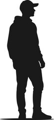 Black silhouette of a man wearing a baseball cap white background silhouette, man, black, white background, baseball cap, standing, full body, side view, casual clothing, hoodie, pants, shoes, isolate