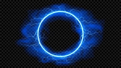 Obraz premium Electric blue neon circle with realistic lightning border. Glowing, flickering vector frame with fog on dark background creates dynamic energy effect for modern covers, digital project.