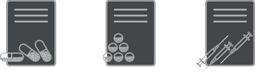 Medical documentation, pills, and vitamins with instructions for use. A set of medical syringes.