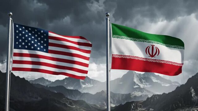 Stunning montage of American and Iranian flags waving against stormy mountain skies capturing national pride and stormy weather