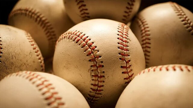 Close up of baseballs with visible stitching and textured surfaces