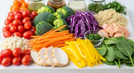 Variety of fresh vegetables and healthy food ingredients on a white plate