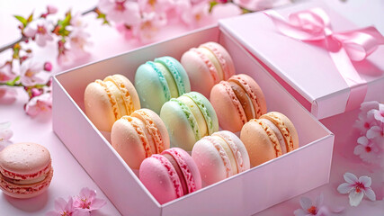 パステルカラーのお花見マカロンとさくらの花