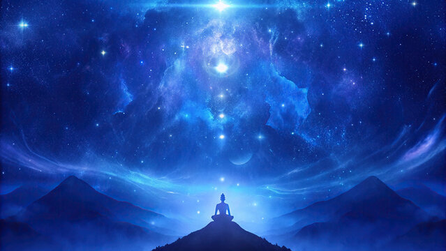 Meditation and chakra path to enlightenment concept. A serene meditation in a cosmic landscape filled with stars.