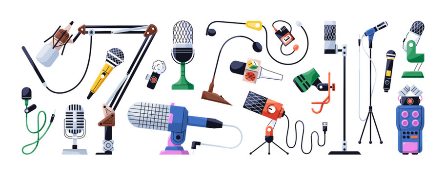 Microphones of different types set. Modern mics for broadcasting, recording podcasts. Audio equipment for studio and stage: on stand, lavalier, dictaphone. Flat isolated vector illustrations on white