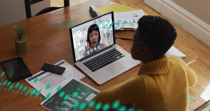 Animation of online using laptop and smiling unk using laptop