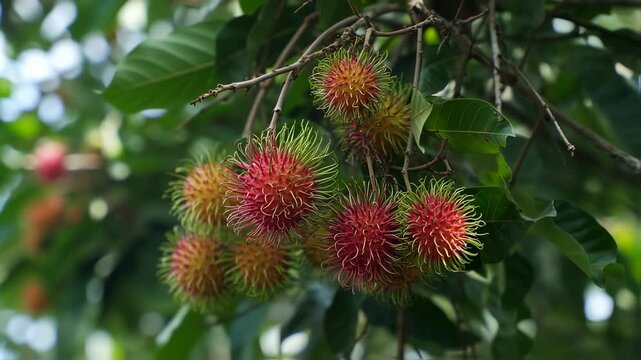 Fresh rambutan orchard view, with vibrant red and green hues and tree leaves