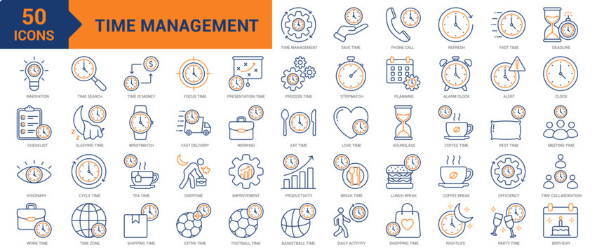 Time Management colored line icon collection set. Containing time, management, efficiency, save time, optimization, schedule,  fast time, deadline, stopwatch, planning, alarm clock, overtime icons