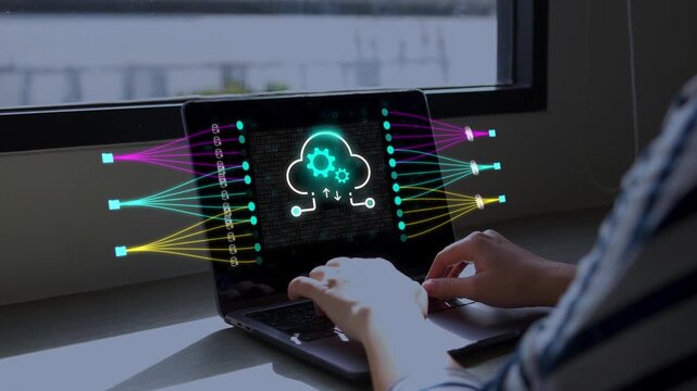 Cloud computing technology and data storage concept with person using laptop for digital file management, online database, and cloud synchronization networking system