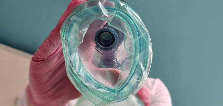 The anesthesia mask is lowered, close-up, top-down view