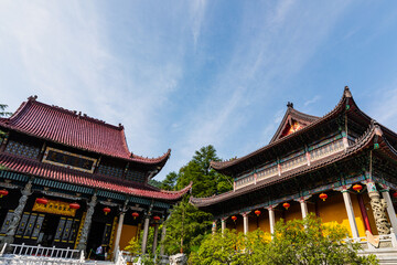Obraz premium Jiuhuashan Temple with Traditional Chinese Architecture and Forest