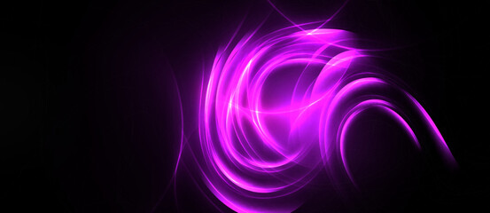 Naklejka premium Bright purple swirls radiate from center, contrasting against dark background. Abstract energy flows create dynamic visual effect.
