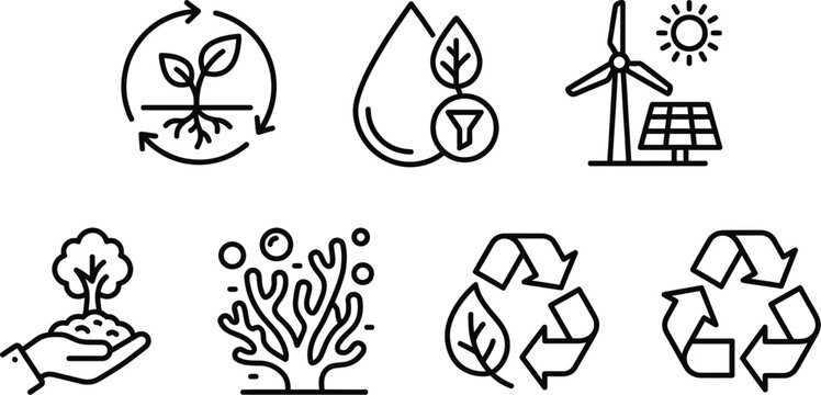 Ecological restoration line art icons for sustainable environment design