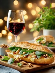 Appetizing baguette sandwich, wine, and walnuts