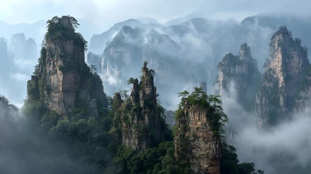 4K Misty landscape of zhangjiajie national forest park, china, featuring towering sandstone pillars and lush green trees shrouded in fog video