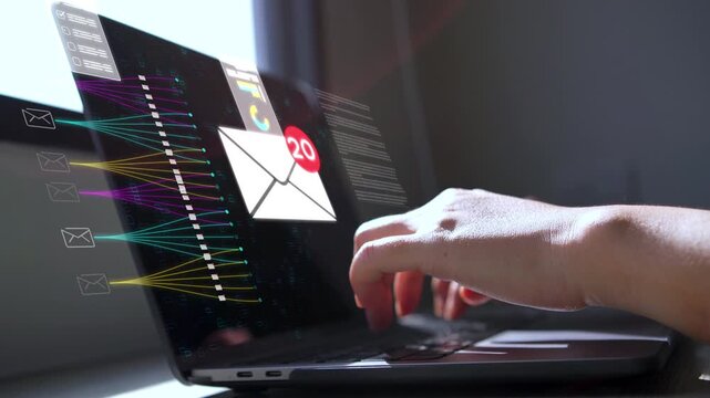 Business person hand using laptop with email notification icons and digital data connection concept for online marketing, communication, and electronic mail management technology.