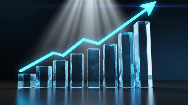 A rising graph with glowing blue bars and an upward trending arrow, symbolizing growth and success in a dark environment